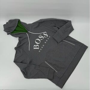 Hugo Boss Soodie Charcoal Hoodie with Forest Green Hood, White Lettering.